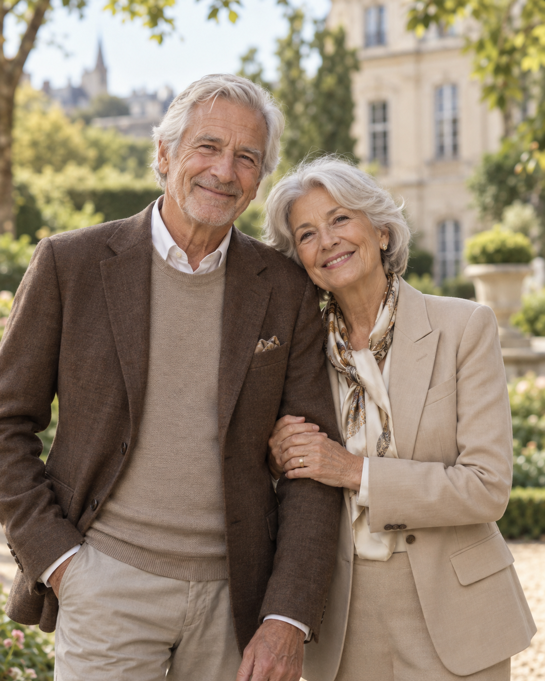 Un couple d’environ 70 ans, élégamment habillé dans un style classique chic, souriant dans un jardin